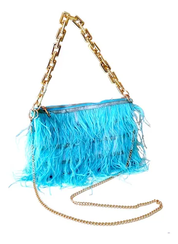 Bolsa Feminina De Festa Clutch Penas Alça Corrente Dourada