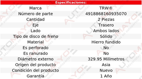 2 Discos Traseros Trw Mks V6 3.7l P/ Lincoln 2009-2010