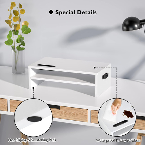 Soporte De Monitor De Madera Blanca De 2 Niveles Con Almacen