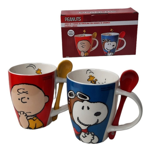 Set Tazas Snoopy Charly Brown Penuts Porcelana C / Cuchara