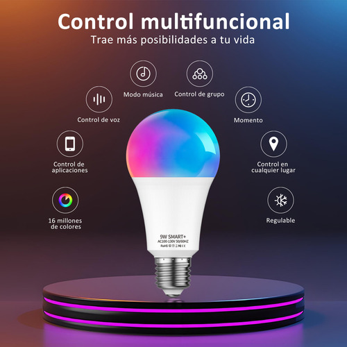 2 Focos Inteligente Lapurete's Wifi 9w 100v-130v Color Led Rgbcw Alexa Google Control Remoto Y Control Por Voz A Través De La Aplicación Surplife Bombilla Inteligente Wifi 2.4g Y Bluetooth
