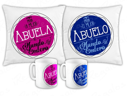 Kit 2 Cojines Con Relleno Y 2 Tazas Personalizadas Abuelos