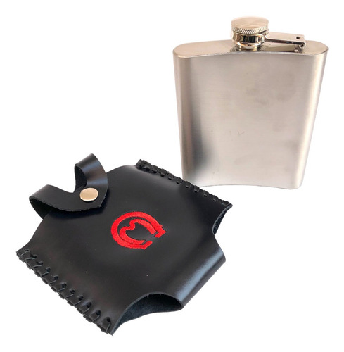 Kit Porta Uisque Inox + Capa Couro Com Alça P/ Prender Cinto Cor Preto Bordado Mangalarga