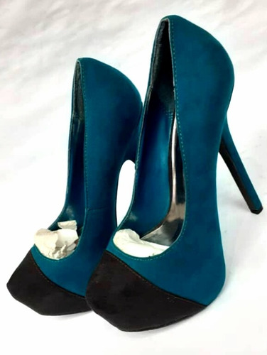 Zapatos De Dama Tacón Alto En Gamuza Azul Y Negro Talla 37