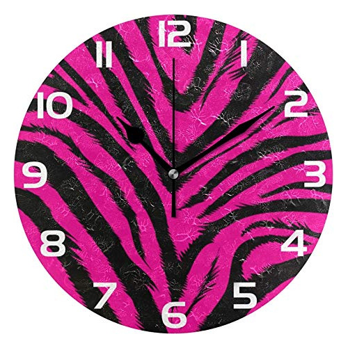 Reloj Pared Redondo Piel Cebra Acrilico Color Rosa Negro