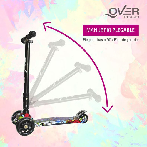 Imagen 2 de 6 de Monopatin Overtech MAXI-891 plegable niños 4 ruedas led reforzado 80kg negro graffiti