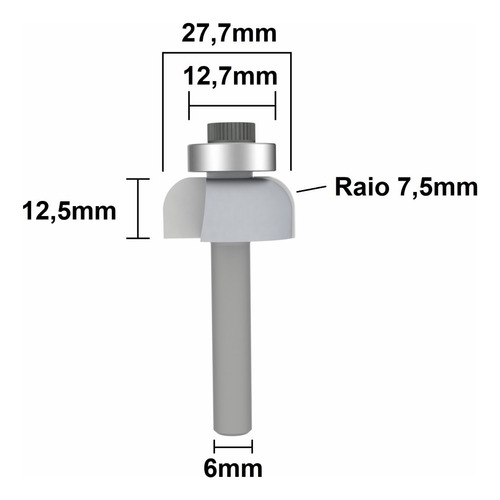 Fresa Para Moldura Côncava Com Rolamento Raio 7,5mm Radix