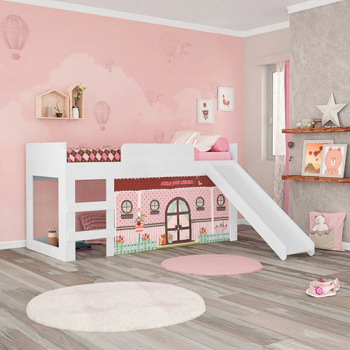 Cama Infantil Doce Casinha Joy Com Escada E Escorregador Cor Branco Princesa Disney