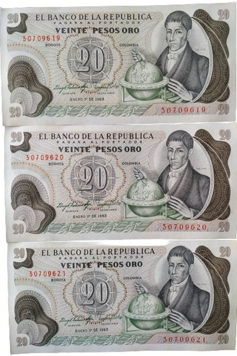 Billetes 20 Pesos Oro Colombia De 1983 Serie Consecutiva(p85