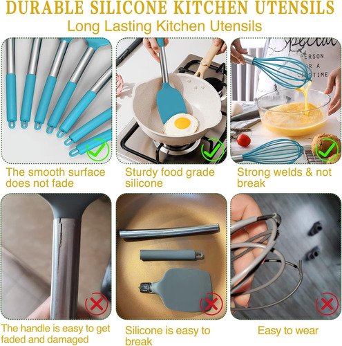 Juego 15 Utensilios Cocina Silicona, Mango Acero Inoxidable