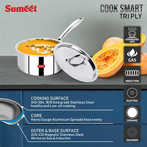 Cacerola Sumeet Cook Smart Triply Sas, 2,3 L, 18 Cm