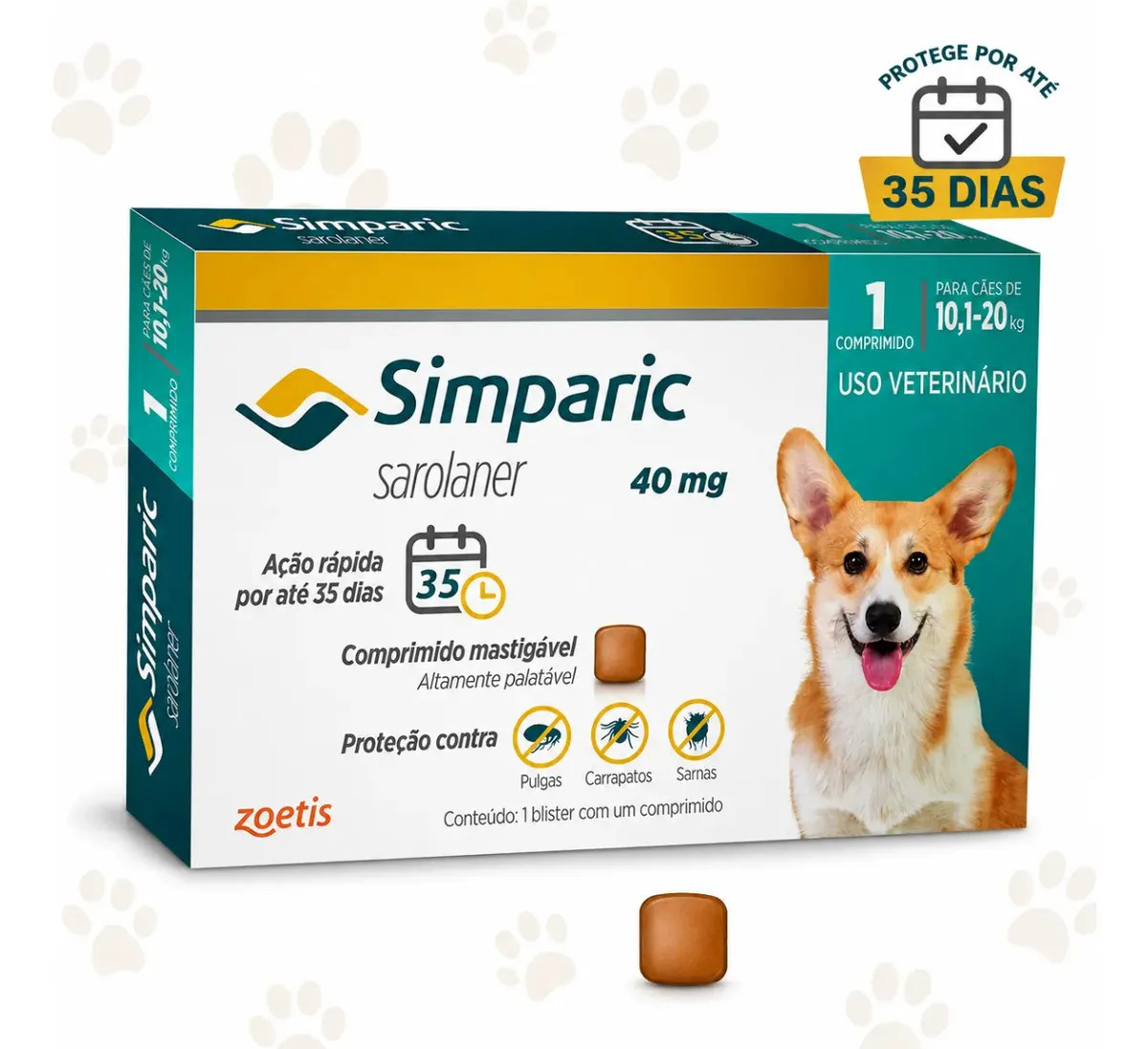 Antipulgas Simparic 40mg Cães 10 A 20kg 1 Comprimido Azul-celeste