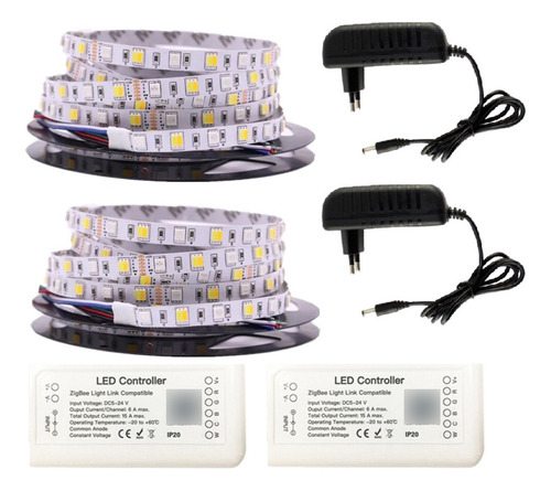 Kit 2 Controlador Zigbee + 2 Fitas Led Rgbcct + 2 Fontes 1a