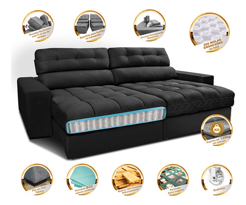 Sofá Retrátil e Reclinável com Molas Ensacadas Cama inBox Master 2,52m Tecido Suede Preto