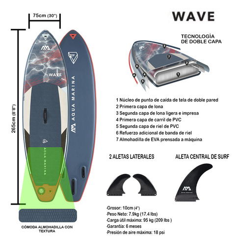 Tabla Paddle Surf Inflable 265cm Wave | Aqua Marina Azul