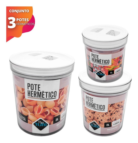 3 Pote Hermético Tampa A Vácuo De Cozinha Alimento 1l 2l 3l Cor Transparente