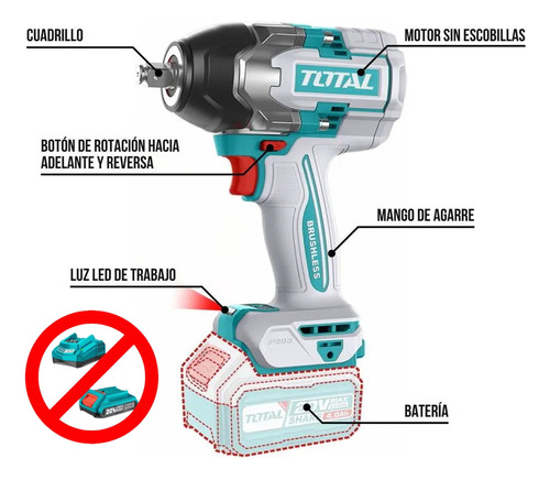 Llave De Impacto Inalambrica Brushless 1/2 PuLG Total 850nm