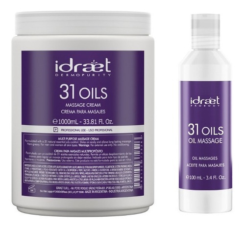 Kit Idraet Masajes Crema 31 Oils 1kg + Aceite 31 Oils 100ml 