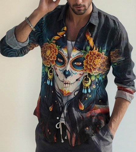 Ff Camisa Lino Algodón Día Los Muertos Camisa Calavera Mexic