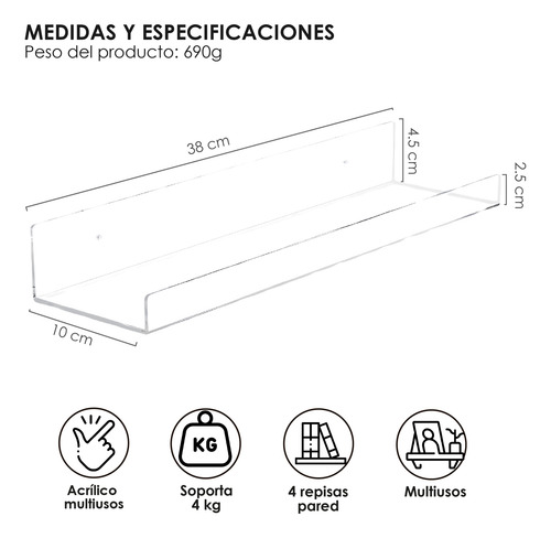 Set 4 Repisas Flotantes De Acrílico Transparente Estantes