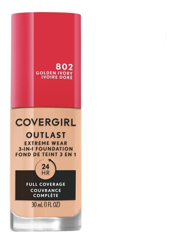 Base de maquillaje líquida CoverGirl Outlast 3 in 1 Foundation Extreme Coverage SPF 18 tono 802 golden ivory - 30mL 1oz