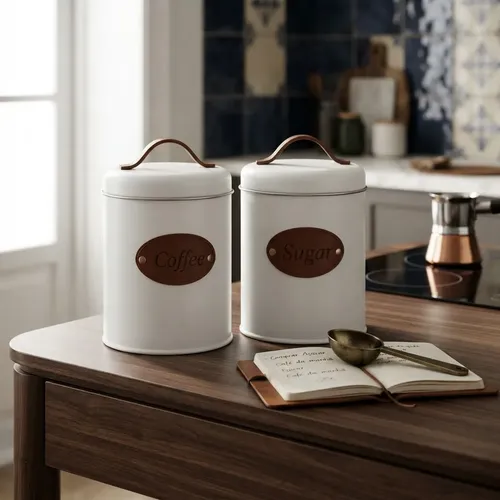 Kit Porta Mantimento Coffee Sugar Decoração Metal Couro Lata Kit Café E Açúcar  Com Alça