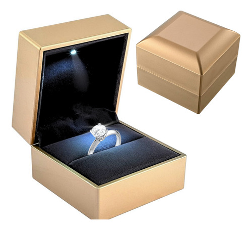 Caja Para Anillo De Compromiso Con Luz Led Estuche Joyero Dorado