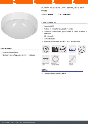 Imagen 5 de 6 de Plafón Redondo, 10w, 6500k, Ip54, Led Volteck 46261