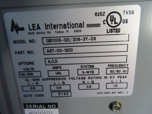 New Lea International Surge Suppressor Gb100s-120/208-3y Ccm