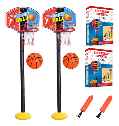 Kit 2 Cesta Basquete Infantil Regulável Bombinha Bola Basket