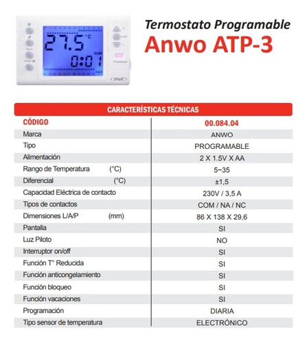 Termostato Programable Ambiental Anwo Atp 3