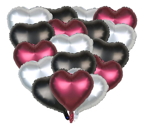 18 Globos De Corazon Color Burdeos Plata Y Negro Globos De P