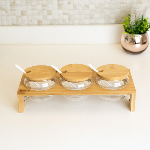Porta Temperos de Vidro Borossilicato com Tampa e Suporte de Bambu Conjunto Com 3 Potes de 230ml - Wolff