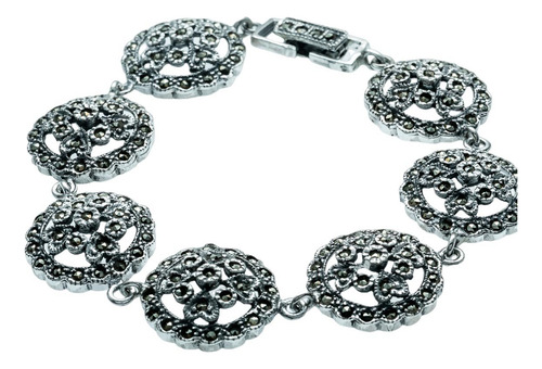 Pulseira De Prata De Bali 925 Com Flores E Marcassitas Suíça