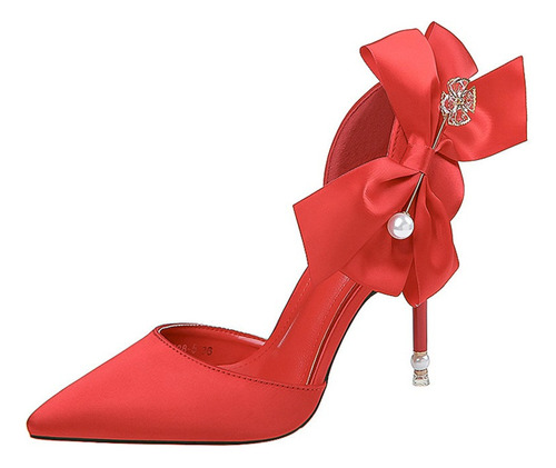 Zapatos De Tacón Rojos De Raso Con Punta De Moda Para Dama