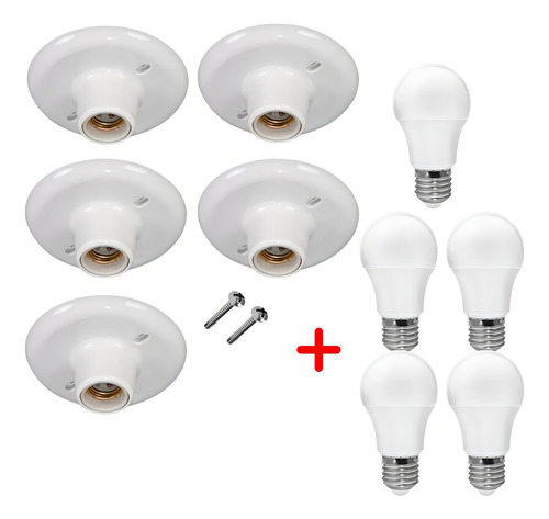Kit 5 Plafon Simples Suporte Teto Parede + 5 Lampada Led 9w
