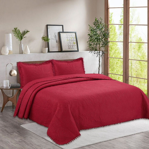 Cubrecama Quilt De Verano 1.5 Plazas Pompones Burdeo