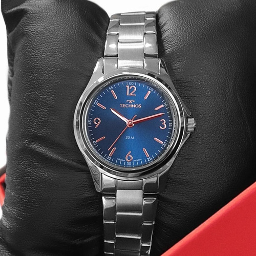Relógio Feminino Technos Aço Prata Azul Original Barato