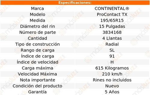 Llantas (4) Continental Procontact Tx Medida 195/65r15 91 H