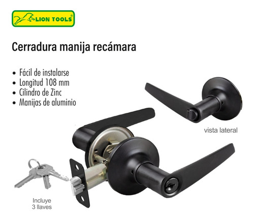 Cerradura Tipo Manija Para Recamara Negro Mate