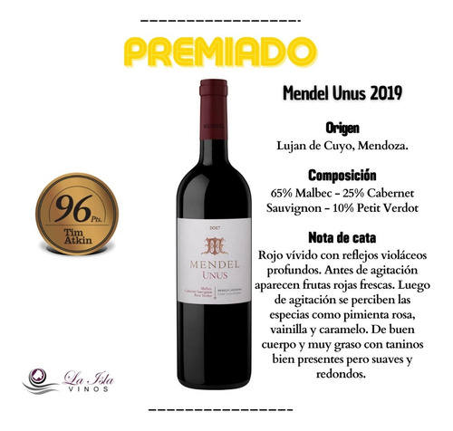 Imagen 2 de 10 de Vino Mendel Unus Blend Caja X 6 750ml. Cosecha 2019 Premiado