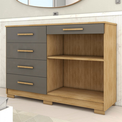 Cômoda Tailândia 2 Portas 5 Gavetas Nature/alasca - Cor Cinza