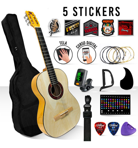 Kit De Guitarra Acústica Con Accesorios + Stickers Color Azul Material del diapasón Álamo Orientación de la mano Zurdo