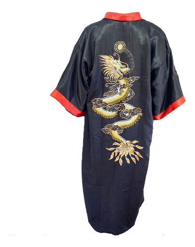 Imagen 4 de 4 de Kimono Bata Dragon Seda Hombre Color Negro Rojo Reversible