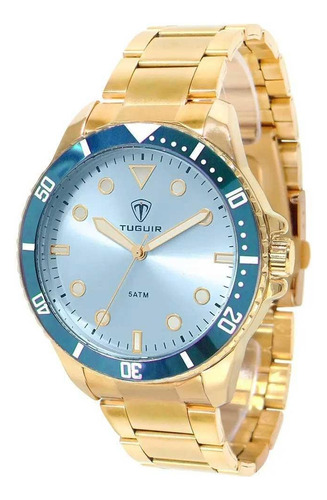 Relógio Masculino Tuguir Analógico Tg157 Tg30188 Dourado Bisel Azul