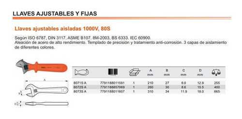 Llave Francesa Aislada Bahco 8073s-a 1000v 12 Pulgadas 305mm