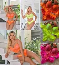 Comprar Conjunto De Lingerie Calcinha E Sutiã Cropped Com Renda Neon