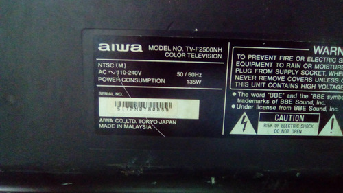 Imagen 2 de 2 de Televisor Crt Aiwa Modelo Tv-f2500nh