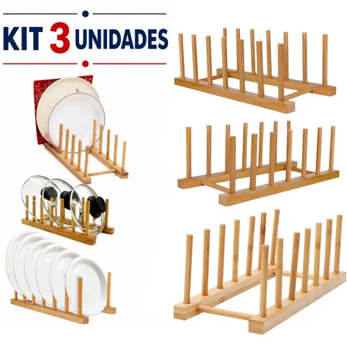Kit 3 escorredor bambu organizador madeira bancada