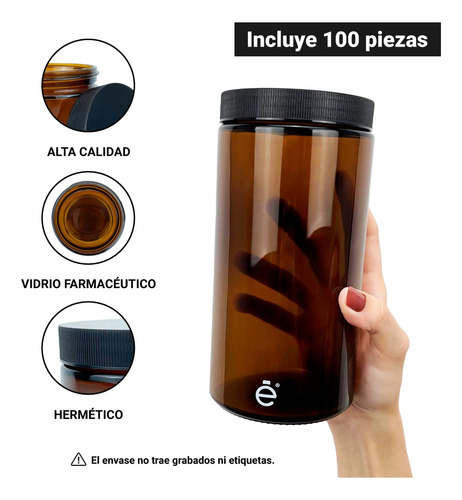 Frasco Tarro Pomadero 1000 Gr Ml Envase Vidrio Ámbar 100pz